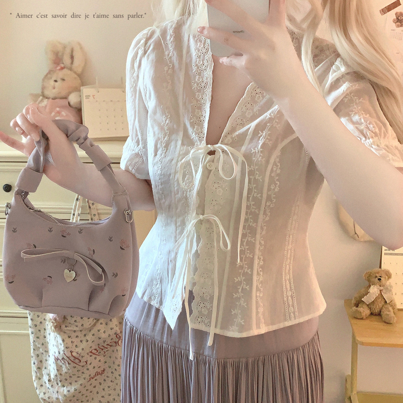 Last Stock Sk: Just the Right Waist Fit, Forest-Style Vintage Hollow-Out Embroidered Jacquard Lace-Up Cotton Shirt Last Stock Sk: Just the Right Waist Fit, Forest-Style Vintage Hollow-Out Embroidered Jacquard Lace-Up Cotton Shirt