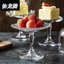JS Eurostyle INS Nets Red Transparent Glass Refreshment Pan Pastry Dish Home Creative High Foot Sweet Cake Hood Trumpet