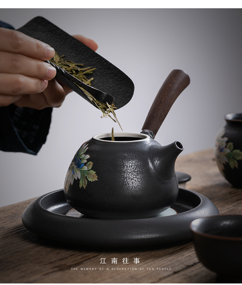 Jiangnan past kung fu tea set suit Japanese side put the pot of black up ceramic teapot teacup household whole