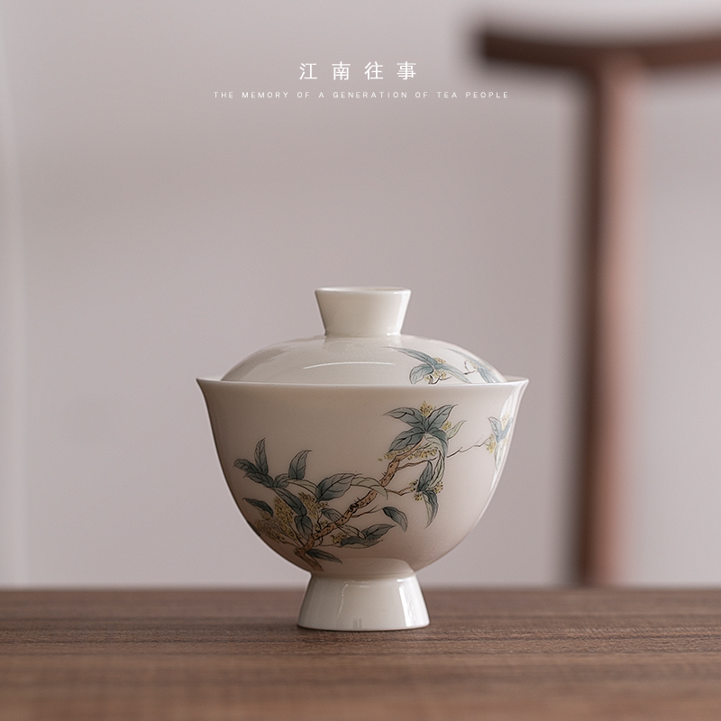 Jiangnan hand draw yulan tureen past pure manual glaze color only white porcelain tureen three cups household single tea bowl