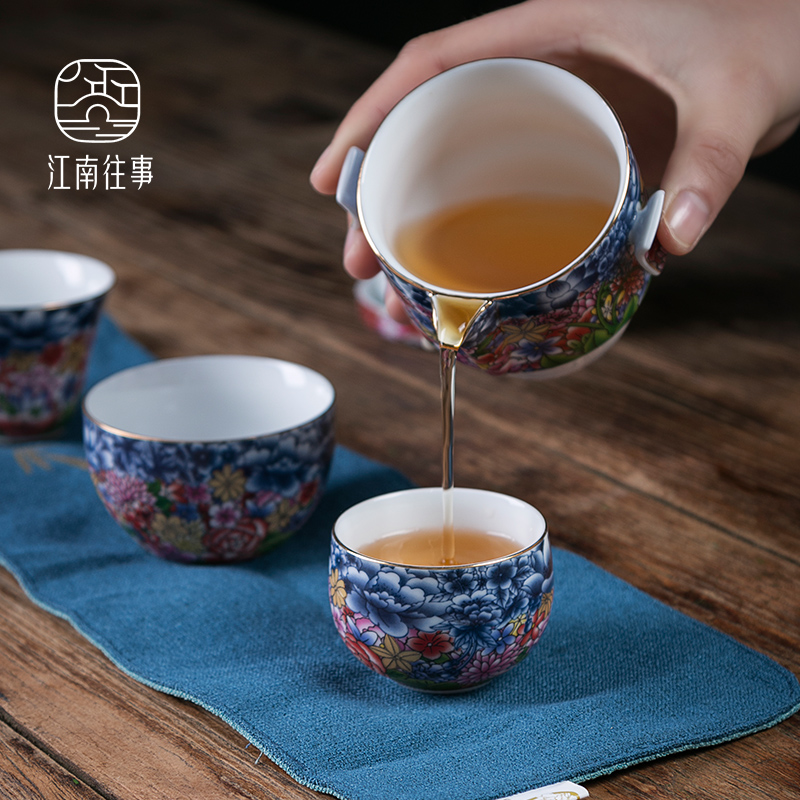 Jiangnan past ceramic tea set suit portable travel pack enamel porcelain kung fu tea set crack cup is suing that occupy the home