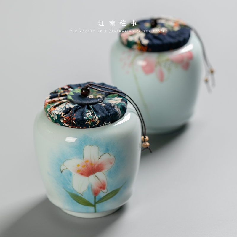 Jiangnan past celadon hand - made ceramic tea caddy fixings household storage tanks seal tank enamel lotus