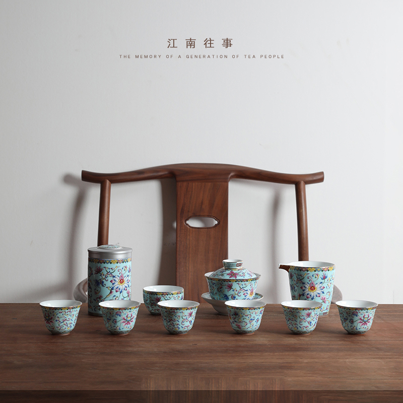 Jiangnan past colored enamel porcelain kung fu tea set suit household tureen tea cup of the tea pot of a complete set of gift boxes