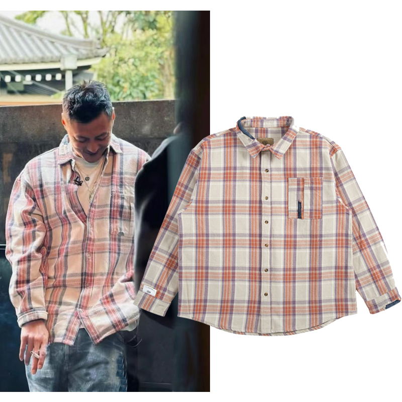 Madness Shawn Yue's Same Style 23Aw Patchwork Denim Washed Distressed Heavy Pink Plaid Long-Sleeve Shirt