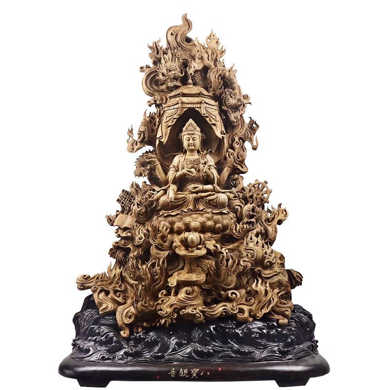 Large sunken fragrant wood sculptures Guanyin Guan Wengen root carved stone statues solid wood sculpted landscape living room swing pieces handicraft