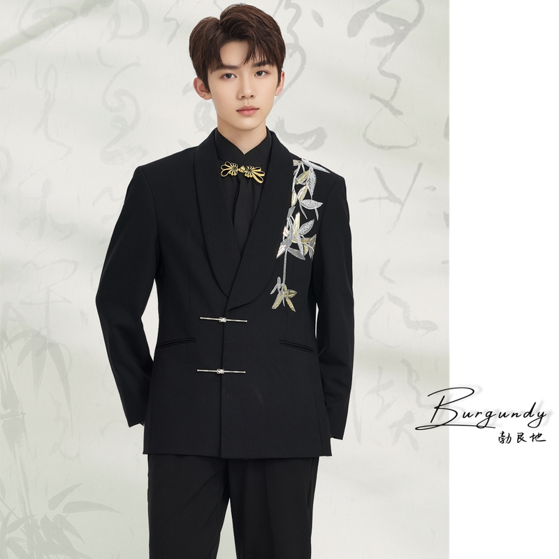 Burgundy High-End Suit for Men with Embroidery, New Chinese Style for Wedding, Engagement, Groom, Wedding Banquet, Zhongshan Suit # 2410 Burgundy High-End Suit for Men with Embroidery, New Chinese Style for Wedding, Engagement, Groom, Wedding Banquet, Zhongshan Suit # 2410