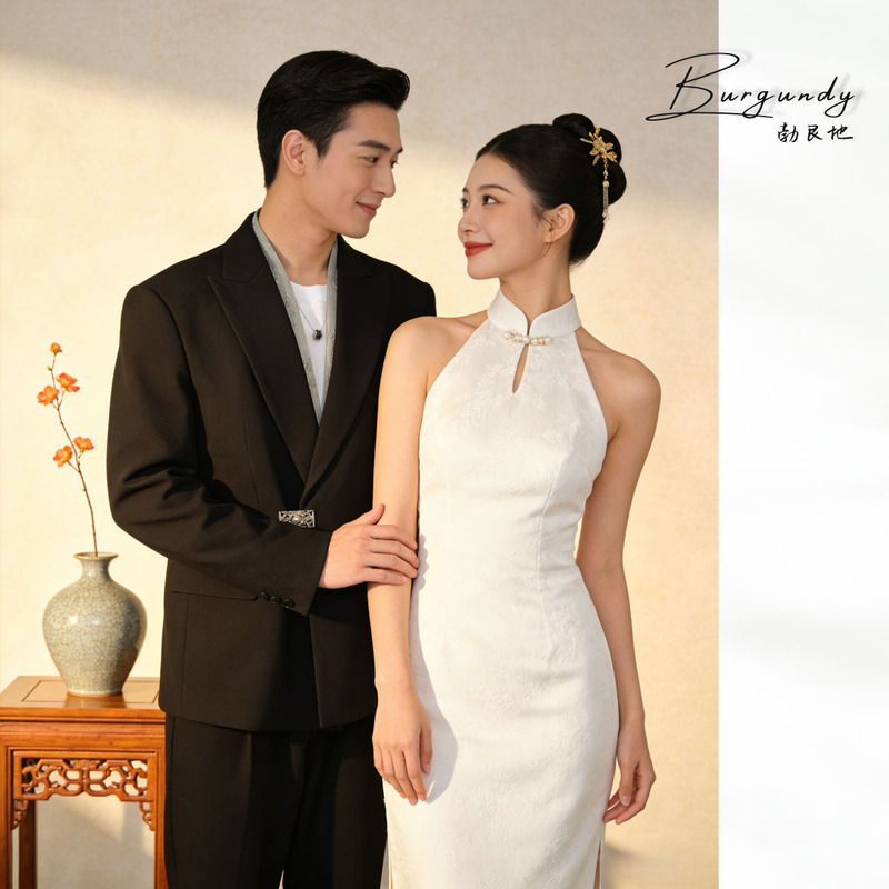 Burgundy High-End Custom Suit for Men, New Chinese Style, Loose Fit, High-End Groom Wedding Suit, Men's Jacket for Engagement # Hy03