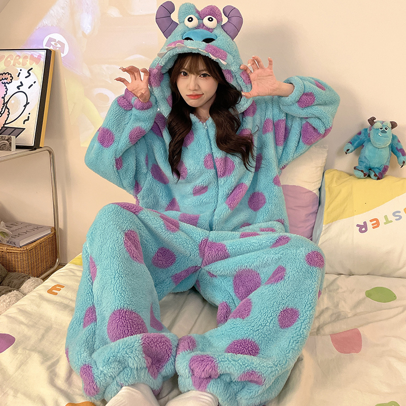 Funny Pajamas for Women, Autumn and Winter Coral Velvet Thickened and Fleece-Lined Warm Sleeping Bag, Adult Onesie, Couple's Home Wear