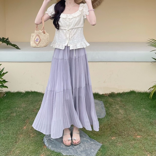 MOBAI gentle and versatile high-waisted slim A-line pleated skirt