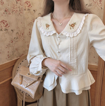 MOBAI homemade tea apricot Jasmine vintage embroidered small shirt 2020 autumn new niche design long-sleeved top