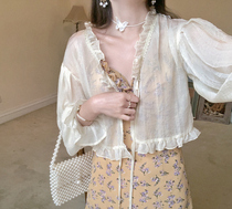 MOBAI homemade exquisite bronzing retro wooden ear edge light summer short lace-up sunscreen cardigan jacket for women