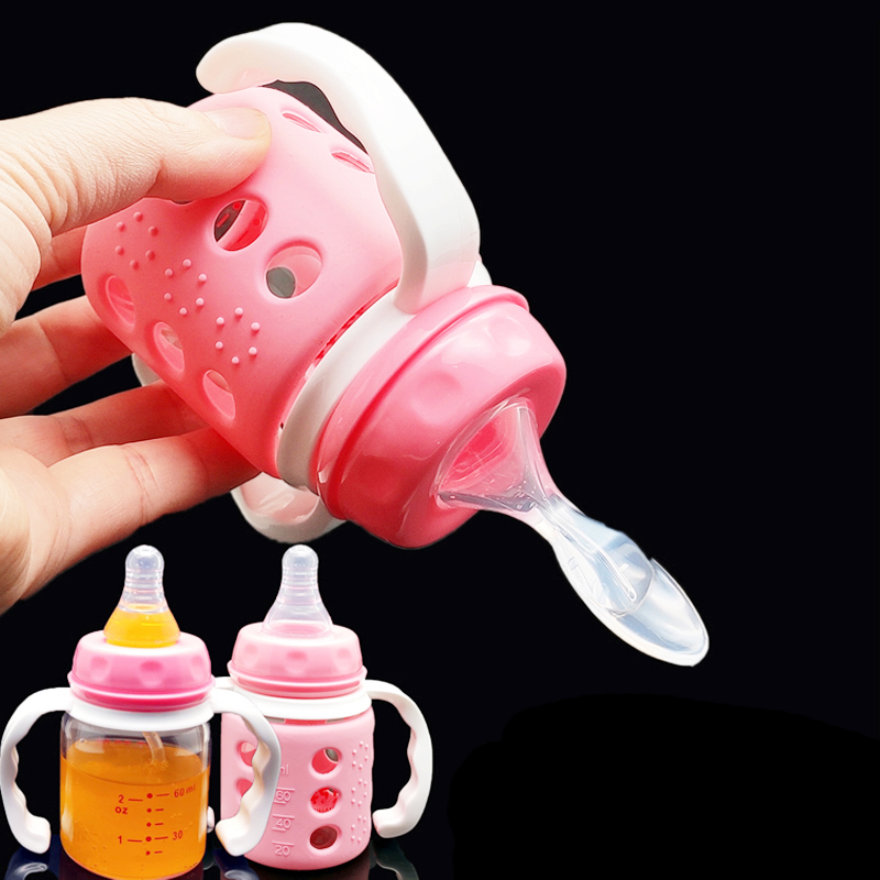 Baby 60ml crystal diamond glass mini small bottle High temperature resistant drop-proof handle straw pacifier Silicone cover pacifier