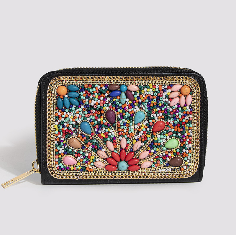 New Heavy-Duty Bohemian Style Seed Bead Butterfly Flower Exquisite Pu Zipper Card Holder Small Coin Purse Women's Square Bag