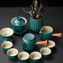 Green coarse pottery kung fu tea set household living room ceramic teapot whole set of office tea tray drainage tea maker