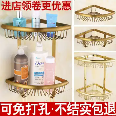 Antique shelf Bathroom powder room double-layer tripod wall-mounted all copper gold mesh basket with hook can be free from punching