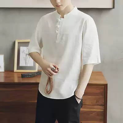 Chinese style Tang suit Hanfu disc buckle linen men's Chinese cotton and linen shirt summer retro costume National short sleeves