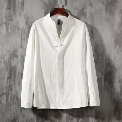 Chinese Tang costume Chinese style men's lay linen shirt National style ancient costume Youth long-sleeved casual cotton and linen shirt