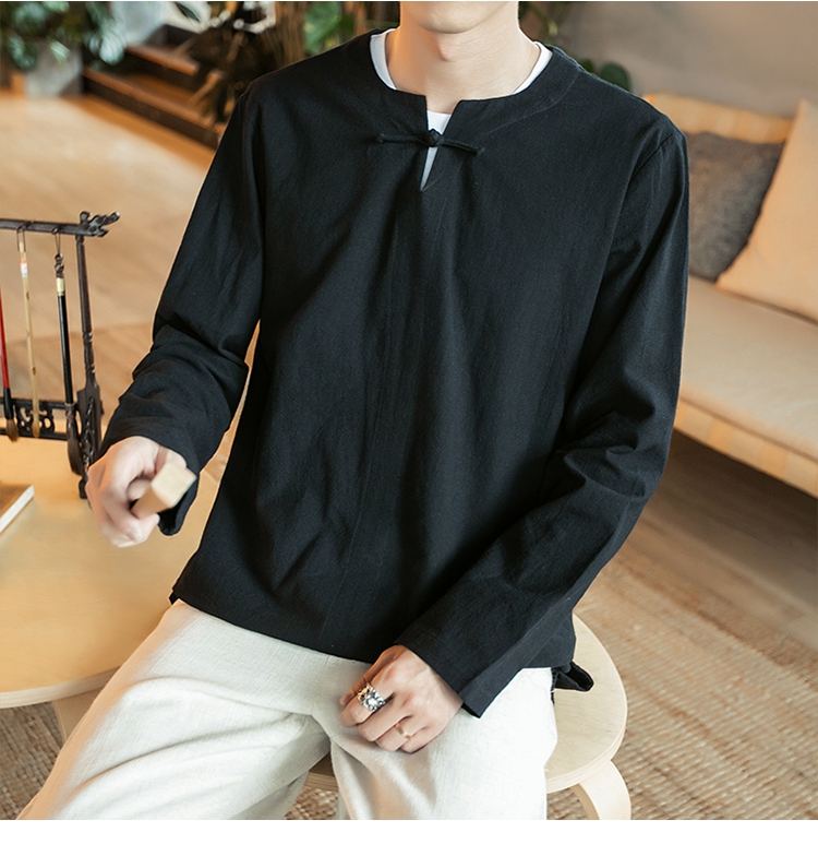 Bộ đồ Trung Quốc Tang Hanfu Quần áo nam phong cách Trung Quốc lay retro khóa áo thun mùa xuân và mùa thu quốc phục thanh niên dài tay bộ đồ nam nữ