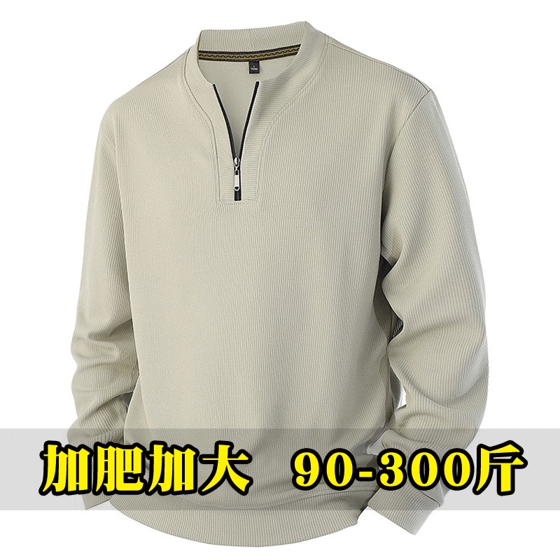 Spring New Half-Zip Long-Sleeve T-Shirt for Men, Solid Color, Plus Size, Casual, Open-Neck, Thick Pullover Sweatshirt