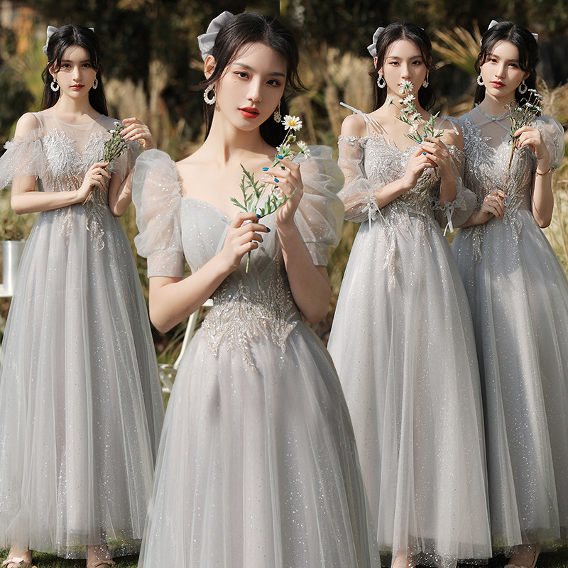 Gray Bridesmaid Dress Tulle Skirt 2025 New Bridesmaid Group Dress Graduation Season Sister Dress Women Slimming Body-Covering Bestie Outfit Gray Bridesmaid Dress Tulle Skirt 2025 New Bridesmaid Group Dress Graduation Season Sister Dress Women Slimming Body-Covering Bestie Outfit
