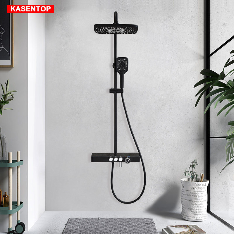 Kasentop Matte Black Button Constant Temperature Shower Set Home Bathroom Storage Flat Copper Faucet