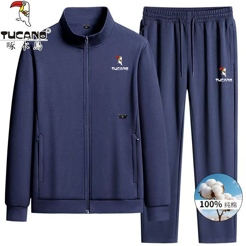 Woodpecker 100% Pure Cotton Suit Casual Men's Sports Suit Stand Collar Cardigan Sportswear Spring and Autumn Two-Piece Set for Men