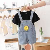  Girls  short-sleeved suit 2020 summer new Korean childrens super western style denim strap two-piece childrens trendy clothes