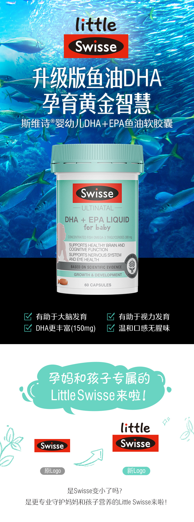 Swisse 斯维诗 婴幼儿DHA+EPA鱼油软胶囊 60粒 聚划算双重优惠折后￥69包邮包税 88VIP会员还可95折