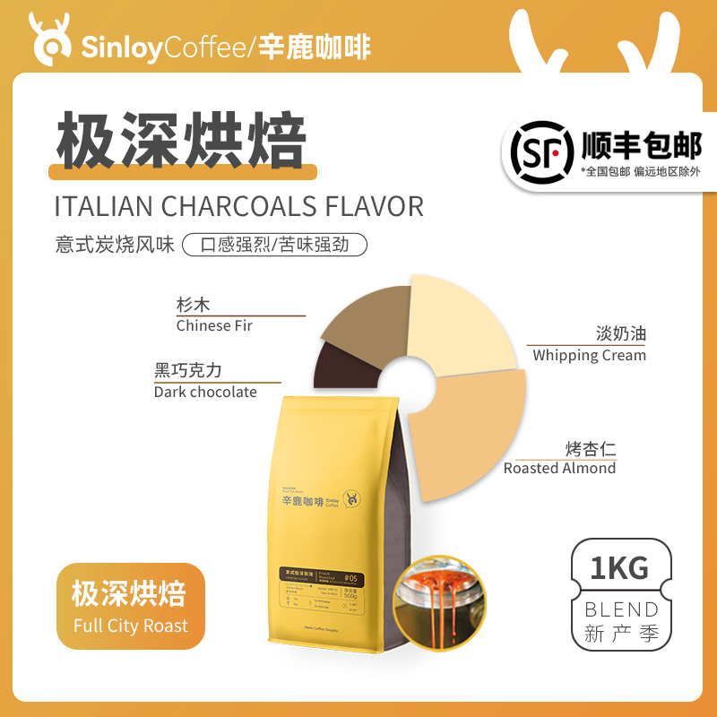 SINLOY Italian Deep Baking Carbon flavor Yunnan coffee beans Low acid can be grinded coffee powder 1kg