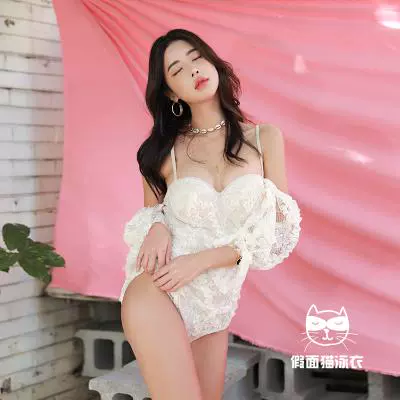 Dài tay mùa xuân nước nóng kỳ nghỉ bikini áo tắm mỏng trong gió nữ một mảnh sexy đeo mặt nạ mèo lưới ren đỏ - Bộ đồ bơi One Piece