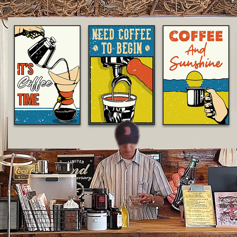 Cafe Wall Art American Retro Nostalgic Coffee Shop Lounge Milk Tea Shop Wall Decoration Painting Hand-Brewed Coffee Painting