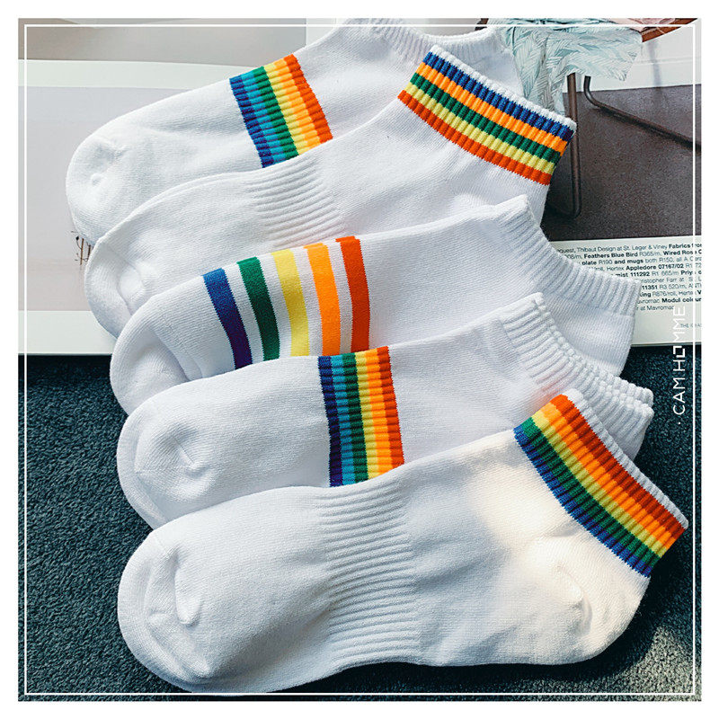 5 pairs of rainbow boy summer striped sports invisible short socks pure cotton sweat-absorbing breathable low-top shallow mouth boat socks