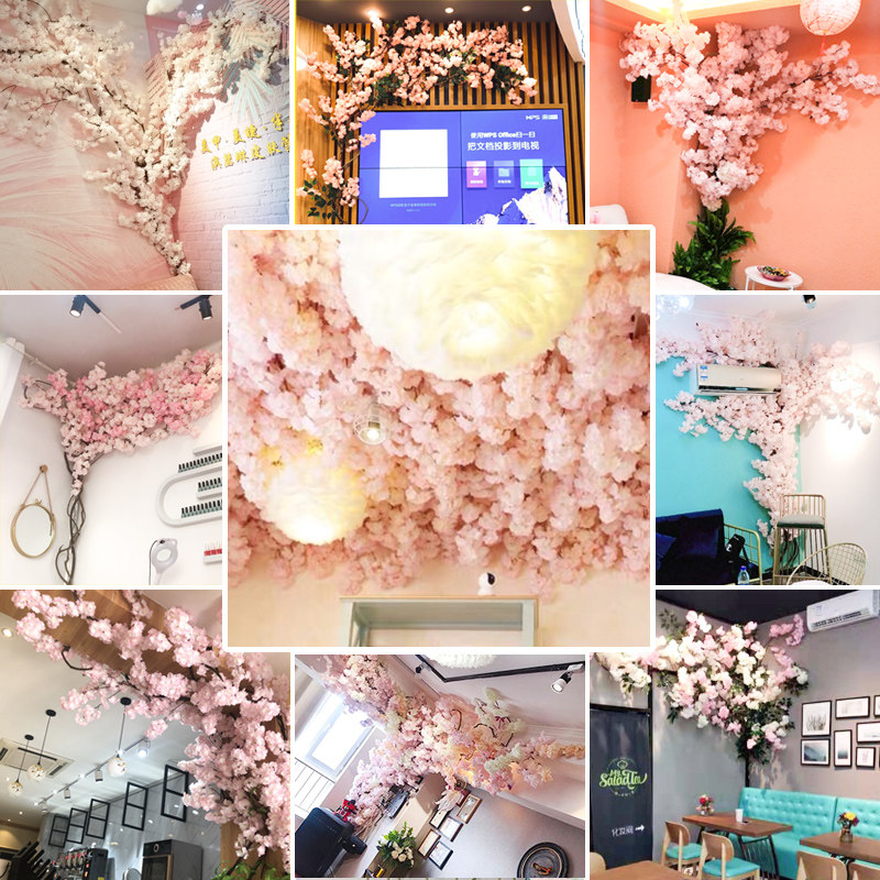 Simulation cherry tree wedding net red shop background wall set indoor living room ceiling decoration plastic fake flower rattan