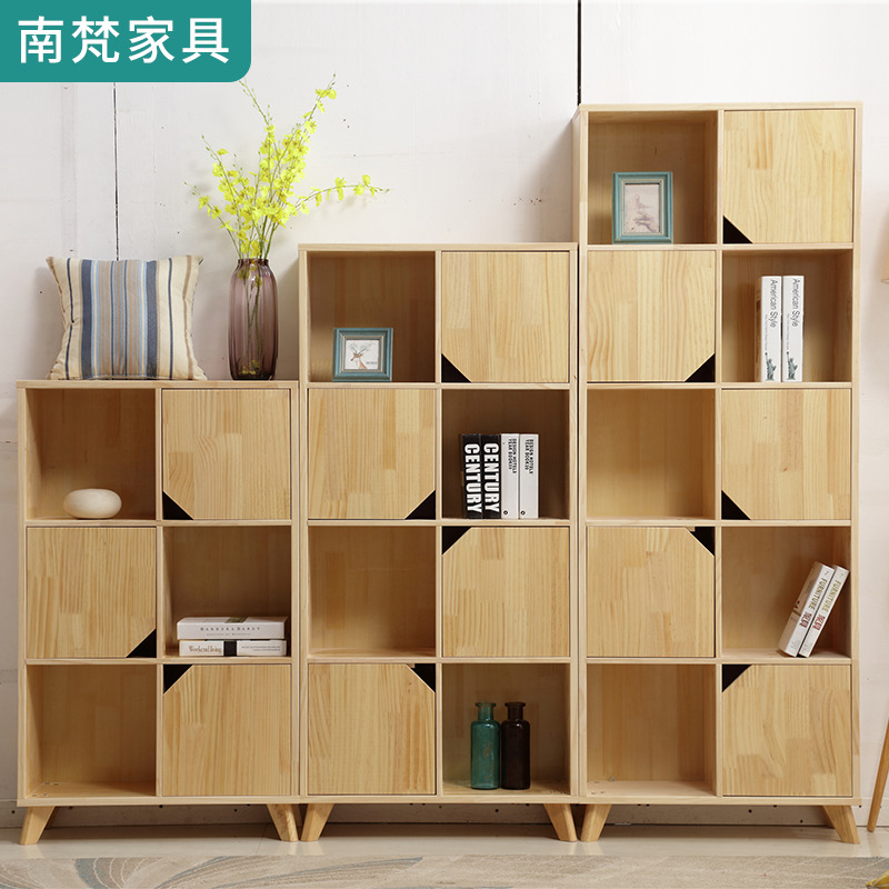 Nordic Pure Solid Wood Bookcase Free Combination Pine Wood Background Wall Bookcase Nordic Modern Book House Storage Grid Bookcase
