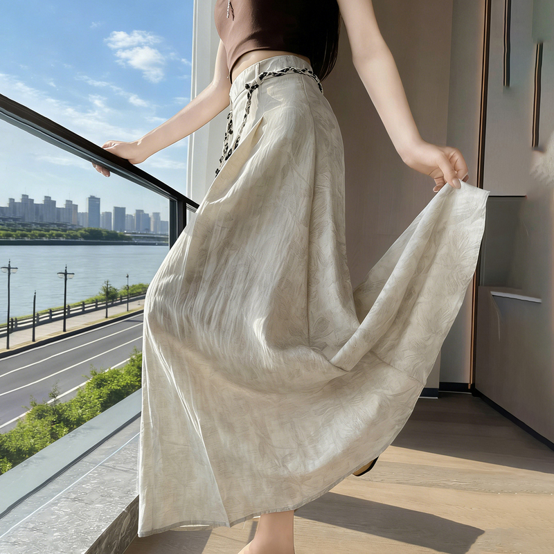 Old Money Style Ink Wash Pleated A-Line Skirt for Women, Summer High-Waisted Drapey Tencel Long Skirt