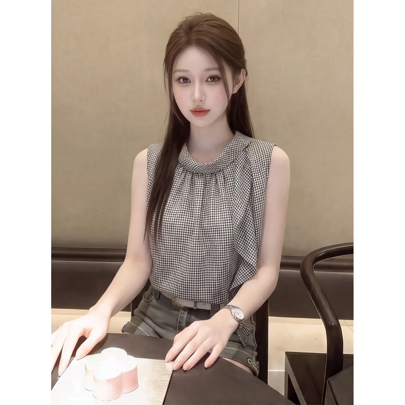 Old Money Style High-Neck Artistic Sleeveless Ruffle Shirt for Women, Summer High-End Plaid Chiffon Top