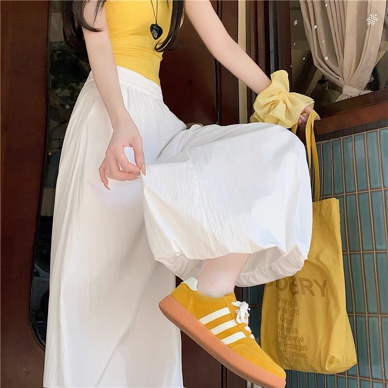 White Ice Silk Bloomers Skirt Pants for Women, Spring Thin High-Waisted Loose Slimming Drapey A-Line Lantern Wide-Leg Pants Skirt