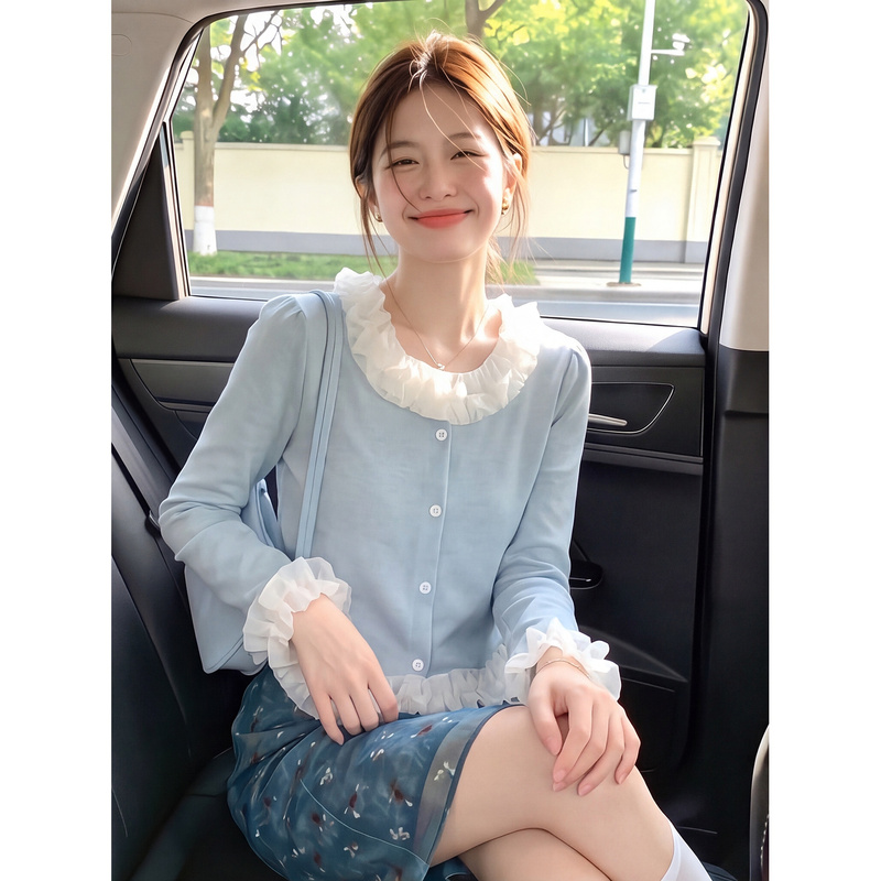 Gentle Style Lace Collar Spliced Round Neck Long-Sleeved Cardigan Knitted Women's Autumn Unique Fashionable Short Design Top