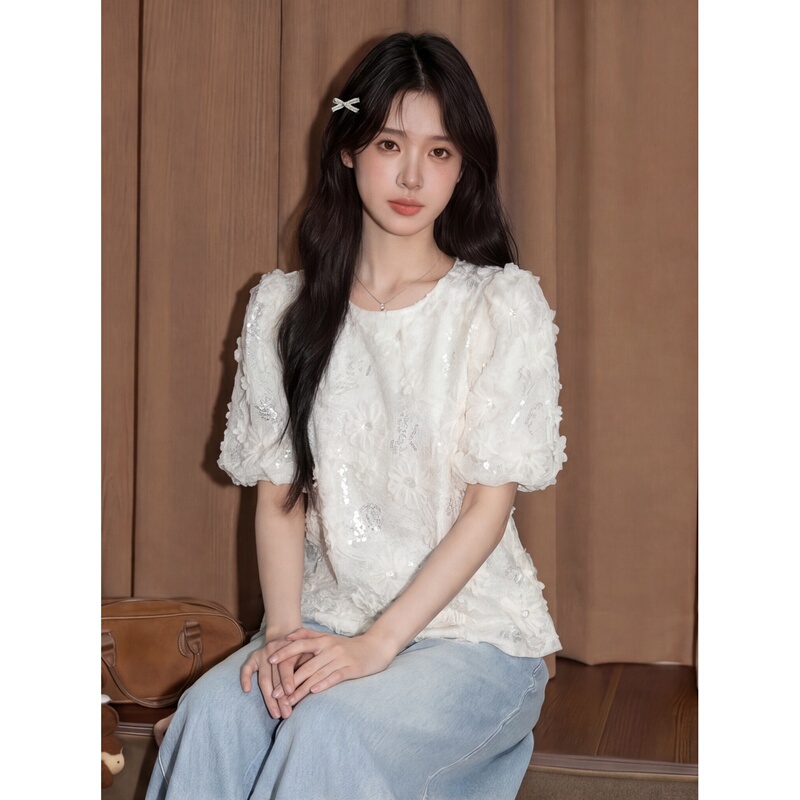 French-Style Three-Dimensional Petal Hollow Lace Blouse for Women, Stylish and Beautiful Summer Round-Neck Puff Sleeve Shirt Top