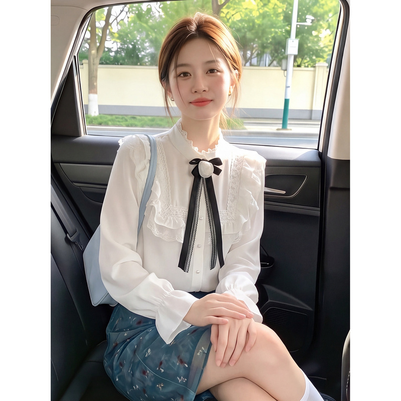 White Stand-Up Collar Lace Floral Bow Shirt for Women, Autumn French Style Light Luxury Design Lantern Sleeve Long-Sleeve Top