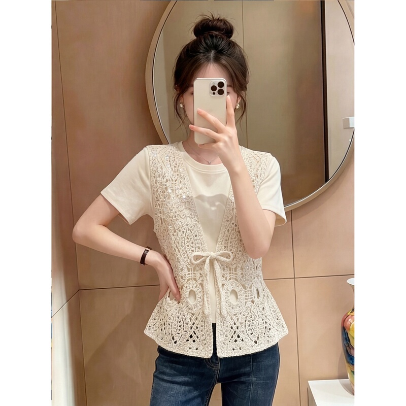 Bohemian Style Crochet Hollow Lace Vest Short-Sleeved T-Shirt Two-Piece Set for Women Summer Design Layered Vest