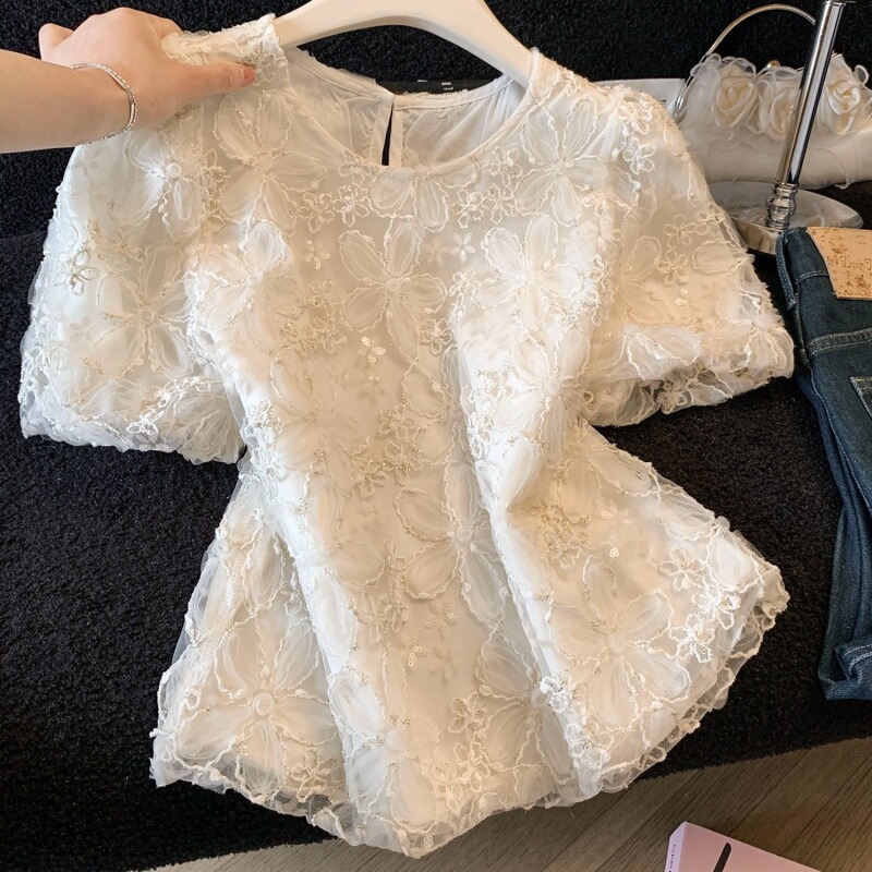 Guangzhou Shisanxing Women's Clothing~French-Style Sequined Heavy Lace Short-Sleeve Shirt for Women, Summer High-End Light Luxury Top