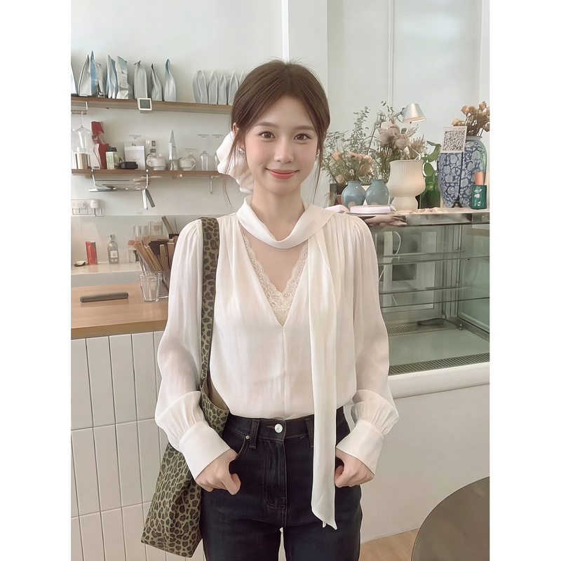 White V-Neck Lace Shirt with Ribbon Details, Women's Autumn Korean-Style Design, Loose Fit, Versatile Long-Sleeve Top for Work