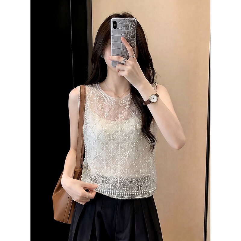 Socialite Style Heavy Beaded Round Neck Sequin Lace Sleeveless Vest for Women, New Summer Style, Elegant Layering Outerwear Top