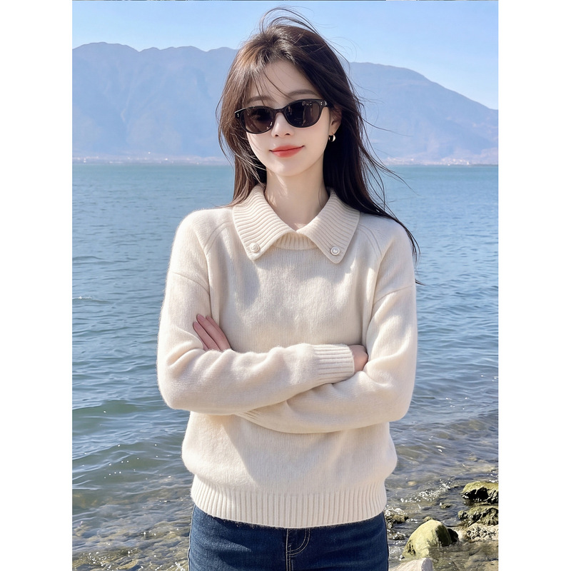 Off-White Collared Knit Sweater for Women, Autumn Gentle Style, Loose and Lazy Pullover with Long Sleeves, Stylish Outerwear