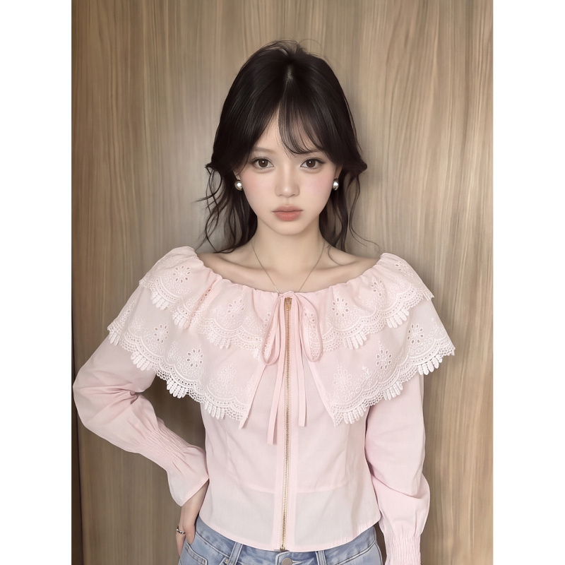 French Sweet Style Tassel Embroidered Lace Lapel Shirt for Women, Autumn Off-Shoulder Waist-Cinching Puff Sleeve Design Top