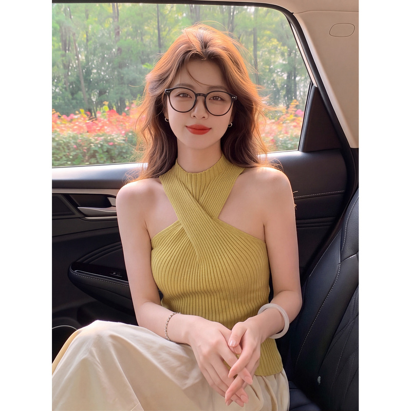 American Hot Girl Style Yellow Twisted Halter Neck Knitted Vest for Women, Summer Slim Fit, Sexy Outerwear, Super Hot Top American Hot Girl Style Yellow Twisted Halter Neck Knitted Vest for Women, Summer Slim Fit, Sexy Outerwear, Super Hot Top