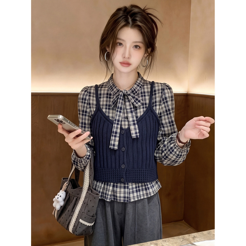 Korean Retro College Style Plaid Lapel Long-Sleeved Shirt for Women in Autumn, Loose Layered Bow-Tie Two-Piece Top Korean Retro College Style Plaid Lapel Long-Sleeved Shirt for Women in Autumn, Loose Layered Bow-Tie Two-Piece Top