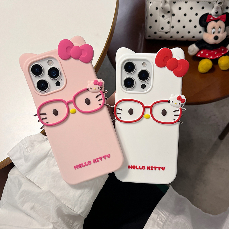 Cartoon Cute Kt Cat with Glasses and Bow Phone Case Suitable for iPhone 16 Apple 15/13/14Pro Max Silicone Phone Case 12/11 Creative Personality Simple