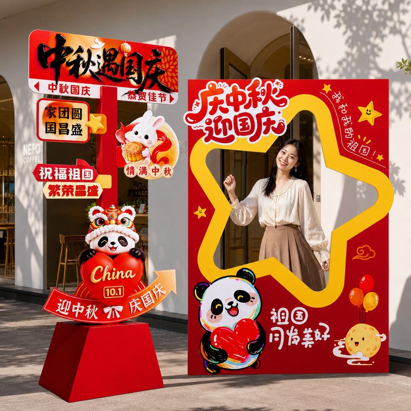 Mid-Autumn Festival and National Day Atmosphere Scene Setup Decoration Theme Store Event Photo Frame Background Check-In Wall Kt Board
